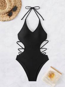 SHEIN Swim Ladies Solid Color Hollow Out Halter Neck Backless Monokini Swimsuit Summer
