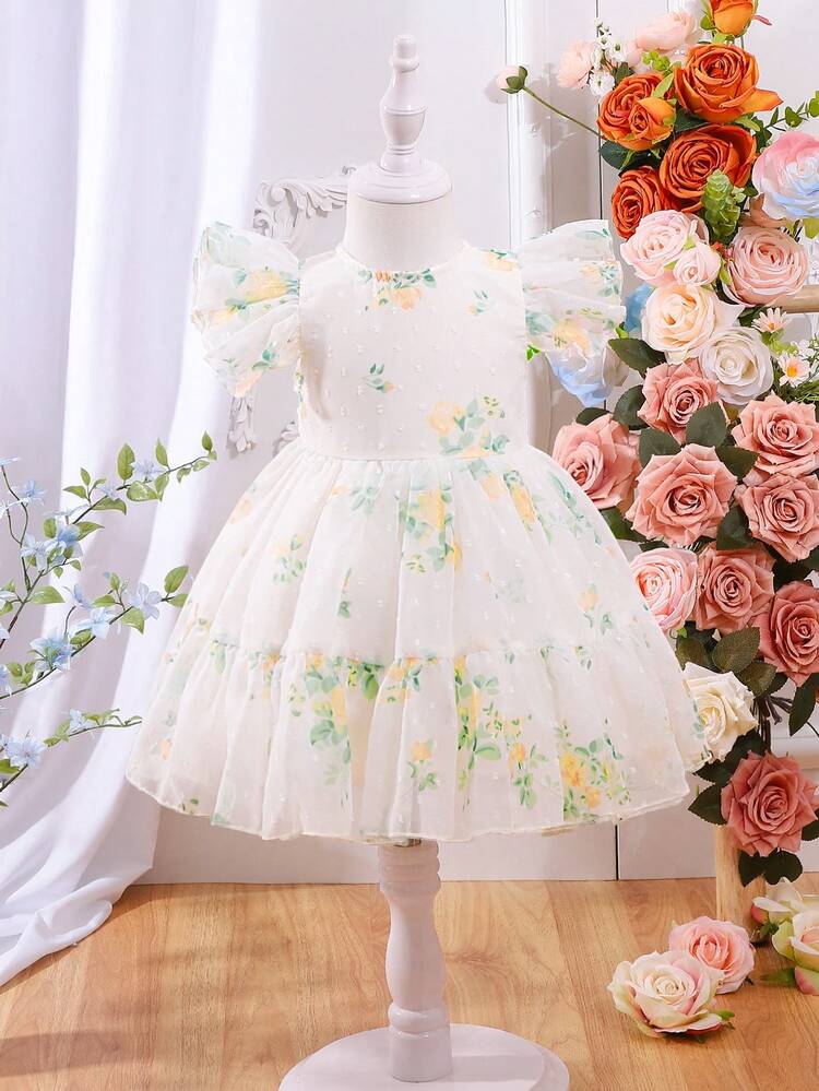 Baby Girl Rose Printed Ruffle Hem Sleeve Princess Dress With Tulle Overlay