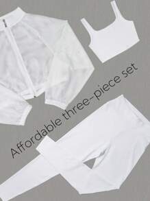 SHEIN Velisys Women Sports Sexy Three-Piece Set High Neck Long Sleeve Jacket, Sports Tight Vest, High Waisted Leggings, Suitable & Running, Fitness, Exercise, Outdoor Activities Waisted Leggings, Suitable For Running, Fitness, Exercise, Leggings, Suitable For Running, Fitness, Exercise, Outdoor Activities Workout Women Set Gym Women Outfit - White - View 2