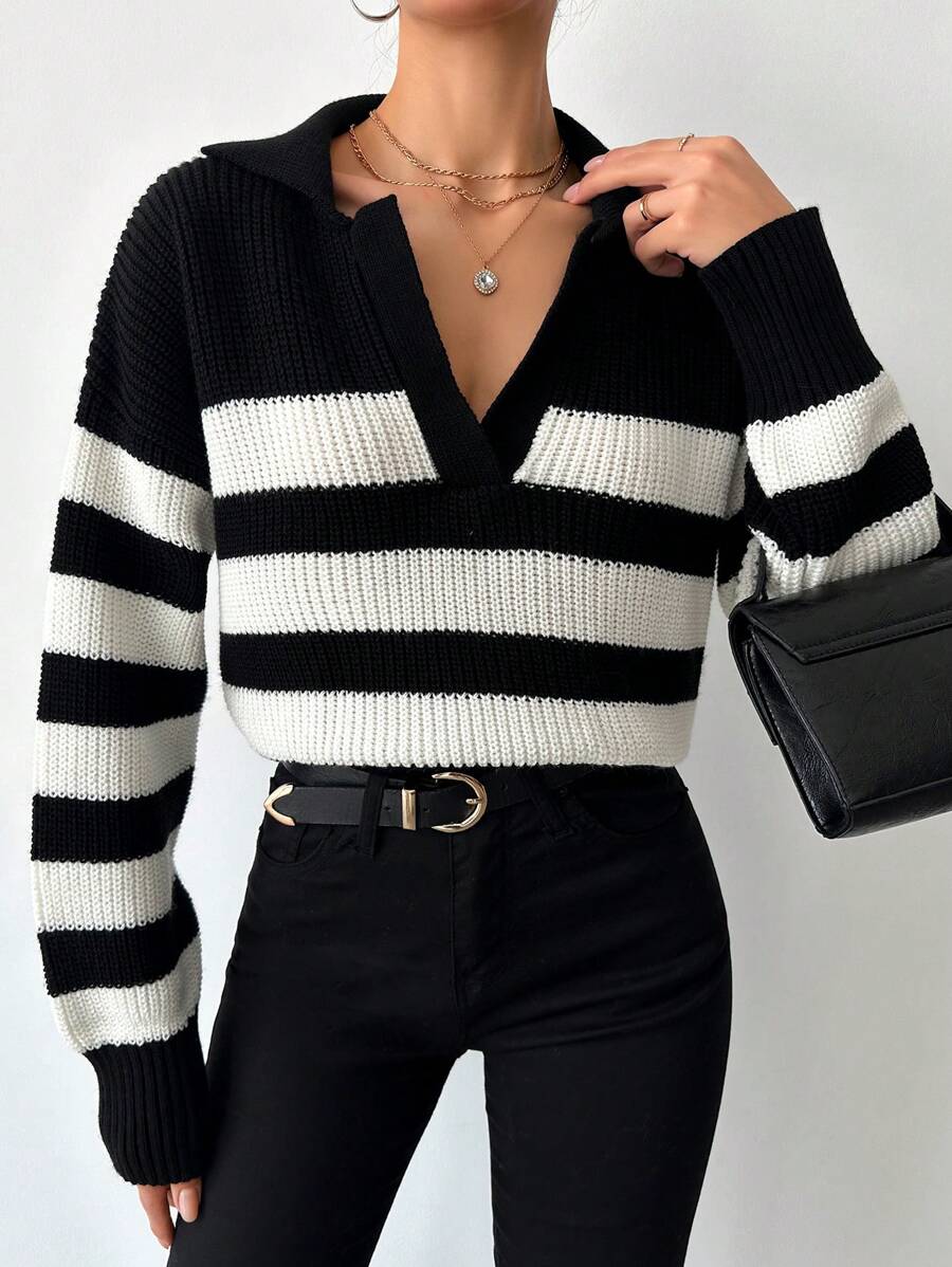 SHEIN Tall Black And White Striped Pattern Drop Shoulder Sweater, Tall Women - Black - View 1