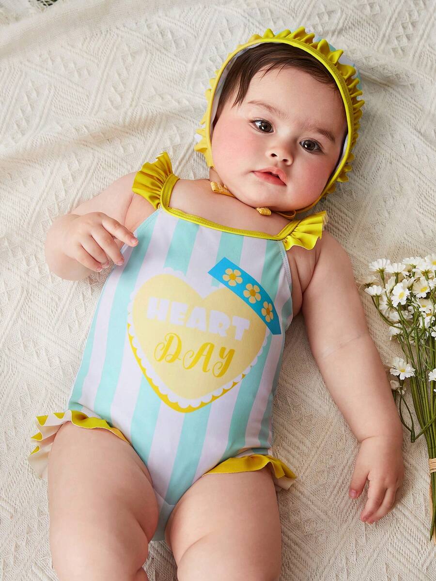 Đứa bé gái Sọc Tim In Ruffled Áo tắm một mảnh Với băng đô - Nhiều màu - Xem 1