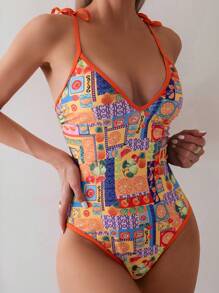 SHEIN Swim 夏日海灘女士水果印花一件式泳裝，帶有包邊和肩帶，適用於渡假 - 彩色 - 查看 4