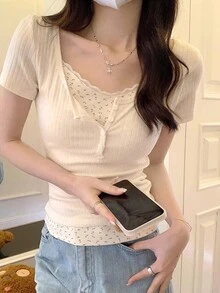 女士简约二合一短袖T恤，春夏休闲款 - 杏色 - 查看 4