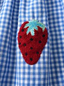 Young Girls' Dopamine Polka Dot Ribbon Strap Dress, Ruffled Top With Small Gingham Print, Countryside Style Children Dress - Blue - View 3