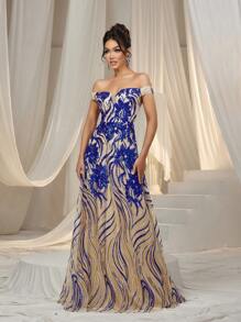 Faeriesty 优雅的露肩正式晚礼服，适合女士穿着，配有紧身胸衣腰带和花卉贴花亮片刺绣。可拆卸腰带和美人鱼下摆，适合黑色领带晚会、红毯活动、歌剧之夜、颁奖典礼和慈善舞会。 - 寶藍色 - 查看 2