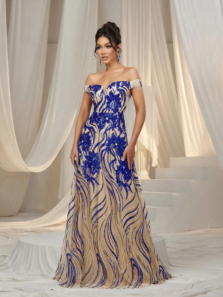 Faeriesty 优雅的露肩正式晚礼服，适合女士穿着，配有紧身胸衣腰带和花卉贴花亮片刺绣。可拆卸腰带和美人鱼下摆，适合黑色领带晚会、红毯活动、歌剧之夜、颁奖典礼和慈善舞会。