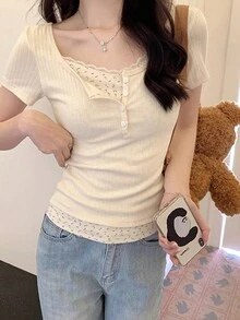 女士简约二合一短袖T恤，春夏休闲款 - 杏色 - 查看 3