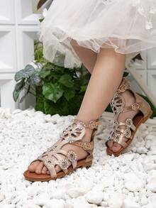 Sandalias doradas para niños, con piedras rhinestone planas para niñas en verano, sandalias de princesa de punta abierta - Dorado - Ver 2