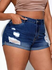 Slaydiva Plus Size Women\ Casual Denim Shorts With Pockets, Distressed And Rolled Hem - Dark Wash - View 6