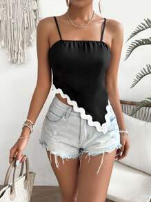 SHEIN VCAY Summer Asymmetrical Hem Spaghetti Straps Contrast Lace Black Tank Top - Black - View 3