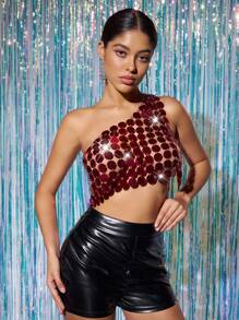Zolique Áo tank top mùa hè dây đeo bất đối xứng đính hạt nhiều màu sắc dành cho buổi hòa nhạc - Nhiều màu - Xem 6