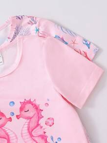 小女孩海洋動物印花圓領緊身T恤和短褲4件套家居服裝組合 - 淺粉色 - 查看 4