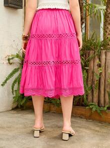 Teen Girl Lace Patchwork Hollow Out Midi Skirt - Hot Pink - View 2