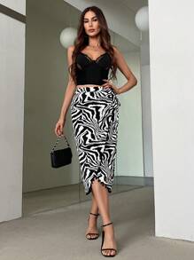 SHEIN Privé Ladies' Elegant Wrap-Around Waist Tie Zebra Printed Asymmetrical Hem Skirt With Pom Pom Detailing, Perfect For Holiday