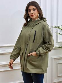 Astrid Plus Size Women's Spring Autumn Casual Hooded Jacket With Zipper And Pockets - Army Green - View 4