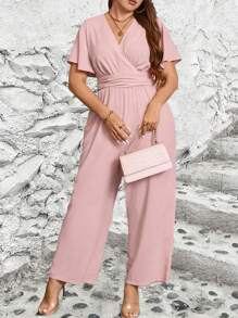 SHEIN Unity Mono casual para el día a día en talla grande, unicolor, cuello en V, mangas con volantes - Rosa vieja - Ver 5