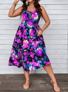 Breezaya Vestido de talla grande para mujer sin mangas con estampado floral y patrón aleatorio - Multicolor - Ver 5