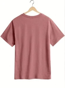 SHEIN EZwear T-shirt pour femmes à col rond et à manches courtes imprimé de lettres à la mode - Framboise - Voir 2