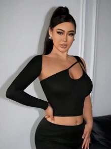 SHEIN SXY x STAS Sexy Hollow Out One Shoulder Crop Top For Women At Country Music Festival - Black - View 10