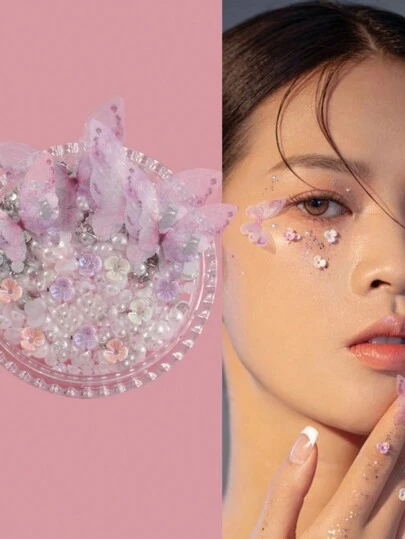 ROMWE Fairycore Un dulce adhesivo facial de mariposa con perlas y diamantes de imitación, decoración facial para actuaciones en el escenario