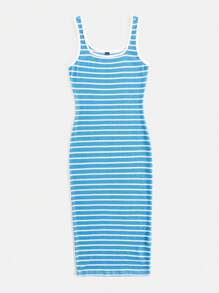 SHEIN VCAY Robe crayon pour femme à rayures bleues et blanches tricotée pour les vacances, près du corps et au-dessus du genou, avec un design classique - Bleu et Blanc - Voir 4