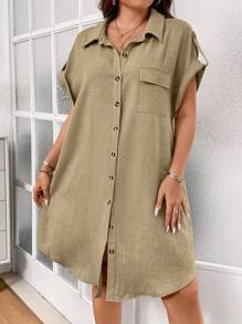 Calvaya Kích thước lớn Màu thuần Tay áo cuộn lên Mặt trước Nút Đầm giản dị - Màu Khaki - Xem 7