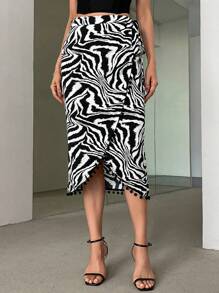 SHEIN Privé Ladies' Elegant Wrap-Around Waist Tie Zebra Printed Asymmetrical Hem Skirt With Pom Pom Detailing, Perfect For Holiday