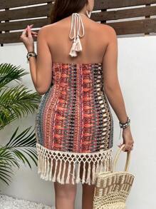 SHEIN VCAY Plus Size Halter Neck Tassel Hem Full-Printed Beach Vacation Summer Boho Dress,Beach Dress Sundress,Holiday Outfits