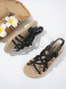 Women Flat Summer Sandals With Woven Rope Sole, Slip-On Buckle Strap, Wrap-Around And Toe-Out Design For Comfort - Black - View 4