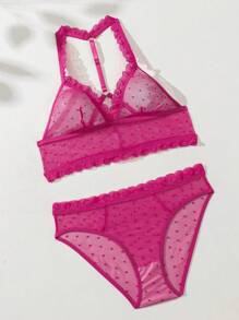SHEIN Conjunto De Lencería De Malla De Lunares Recortados Con Encaje Sexy Para Mujer