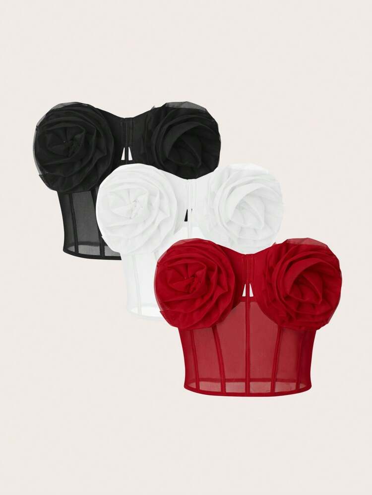Women Summer 3-Piece Set Off-Shoulder Top With 3D Flower Decoration And Sheer Mesh Panel