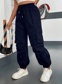 Vibekara Plus Size Casual Solid Color Elastic Waist & Drawstring Cuffed Cargo Pants Fall Cloth For Women