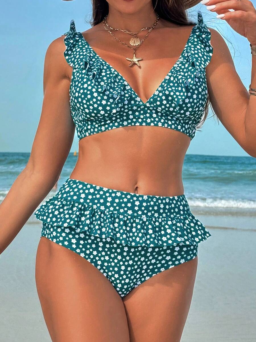 SHEIN Swim Women's Floral Printed Ruffled Two-Piece Bikini Set Summer Beach - Green - View 1