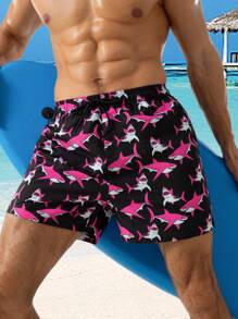 Manfinity Shorts de playa con cordón de cintura, estampado gráfico de tiburón, para hombre, para vacaciones