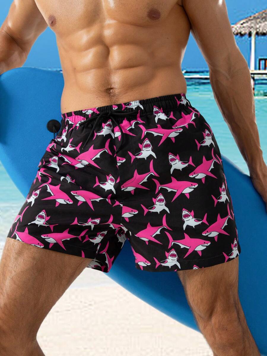 Manfinity Shorts de playa con cordón de cintura, estampado gráfico de tiburón, para hombre, para vacaciones