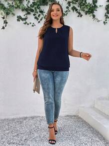 SHEIN LUNE Débardeur grande taille de couleur unie avec encolure à trou de serrure et découpes - Bleu marine - Voir 4