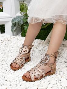Sandalias doradas para niños, con piedras rhinestone planas para niñas en verano, sandalias de princesa de punta abierta - Dorado - Ver 3