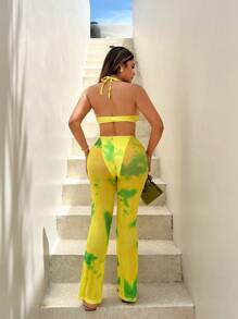 SHEIN SXY Tie-Dye Print Patchwork Perspective Flared Legs Halter Neck Jumpsuit With Waistband