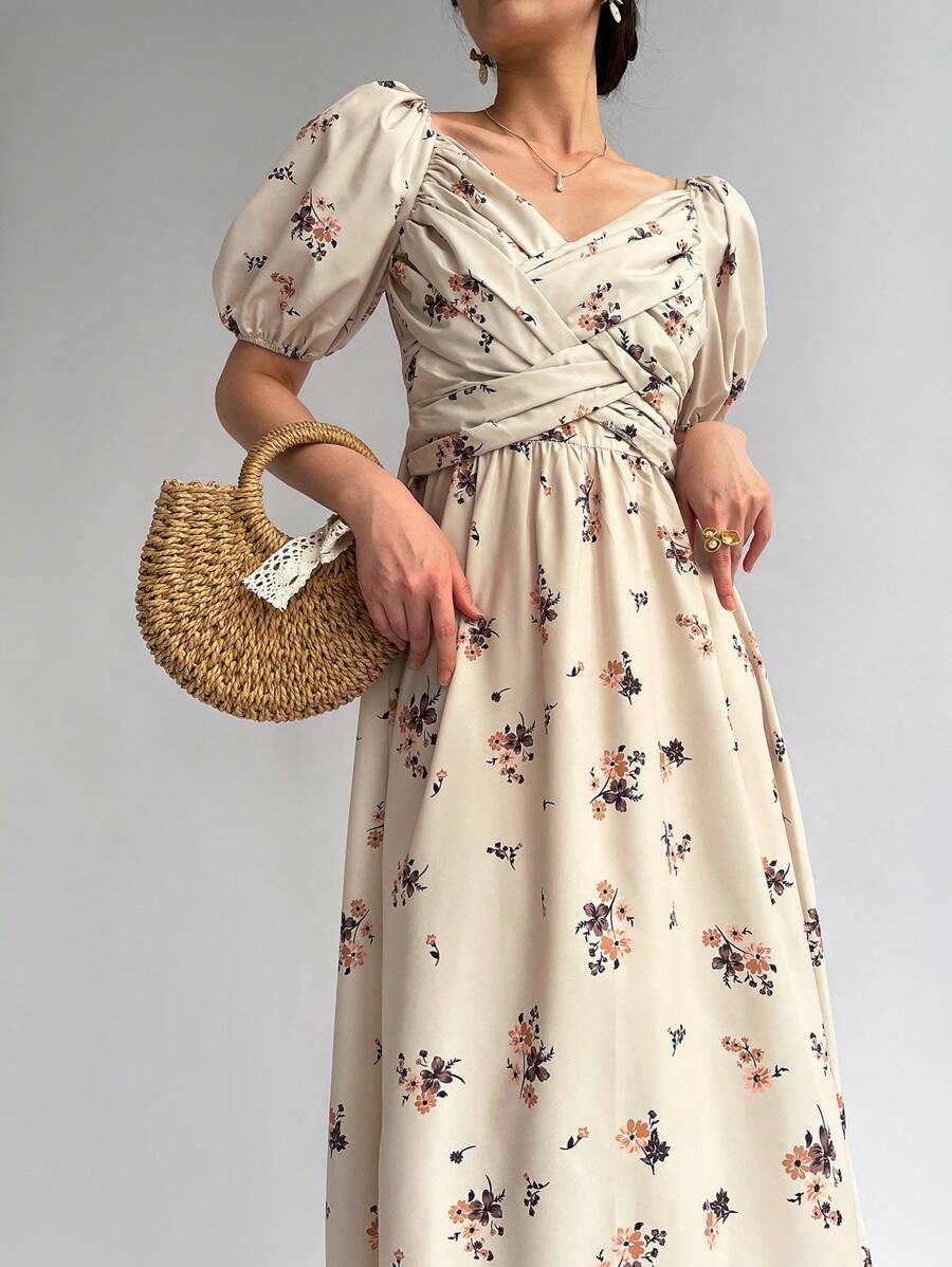 Firerie Women Elegant Holiday Long Dress With Crossed Bubble Sleeves For The Chest - Khaki - View 1