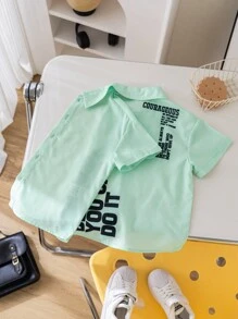 SHEIN Young Boy 1pc Casual College Style Back Slogan Graphic Shirt, Comfortable Breathable Linen Fabric, Suitable For Spring And Summer
