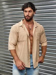 Men Solid Color Casual 3/4 Sleeve Shirt, Perfect For Spring And Summer Daily Outfits - Apricot - View 4