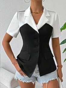 Calvaya Camisa de manga corta con colores contrastantes y diseño 2 en 1 para un aspecto casual y elegante, de moda y cautivadora