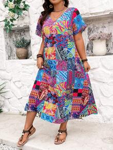SHEIN Holidaya Plus Size Summer Holiday Patchwork Print Dress - Multicolor - View 5