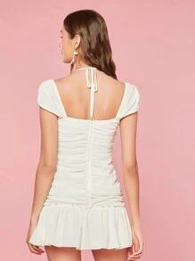 Enchnt Women Summer Sundress Short With Pleated Ruffles Heart-Shaped Neckline Hawaiian
