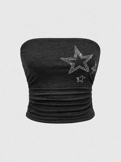 Grunge Punk Damen Gyaru Mode graues trägerlos Top mit sternförmigen Strass Verzierungen, für Karneval