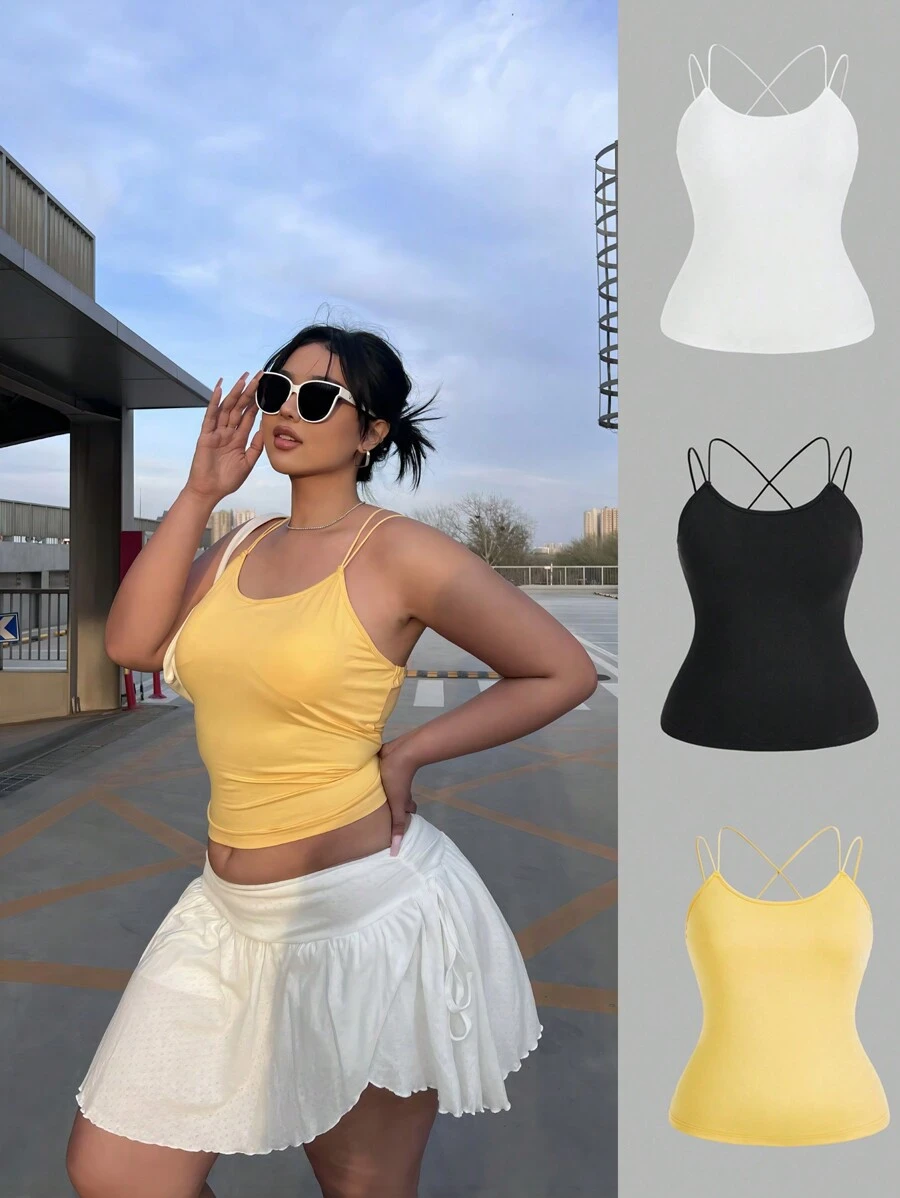 Flirla Plus Size 3pcs Camisole Tank Tops With Built-In Bra