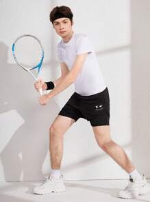 Teen Boy Smiling Face Print Sports Shorts Set, Two Pieces Look - Black - View 4