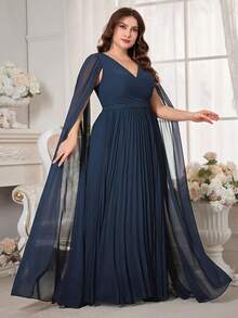 Plus Size Pleated Dress With Cloak Sleeves Chiffon Prom Dress