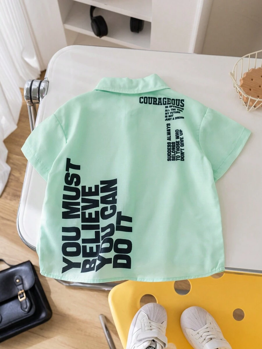 SHEIN Young Boy 1pc Casual College Style Back Slogan Graphic Shirt, Comfortable Breathable Linen Fabric, Suitable For Spring And Summer