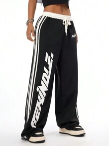 SHEIN Coolane Của phụ nữ Đen & Trắng Khối màu Chức năng In thư Quần thể thao - Đen và trắng - Xem 3